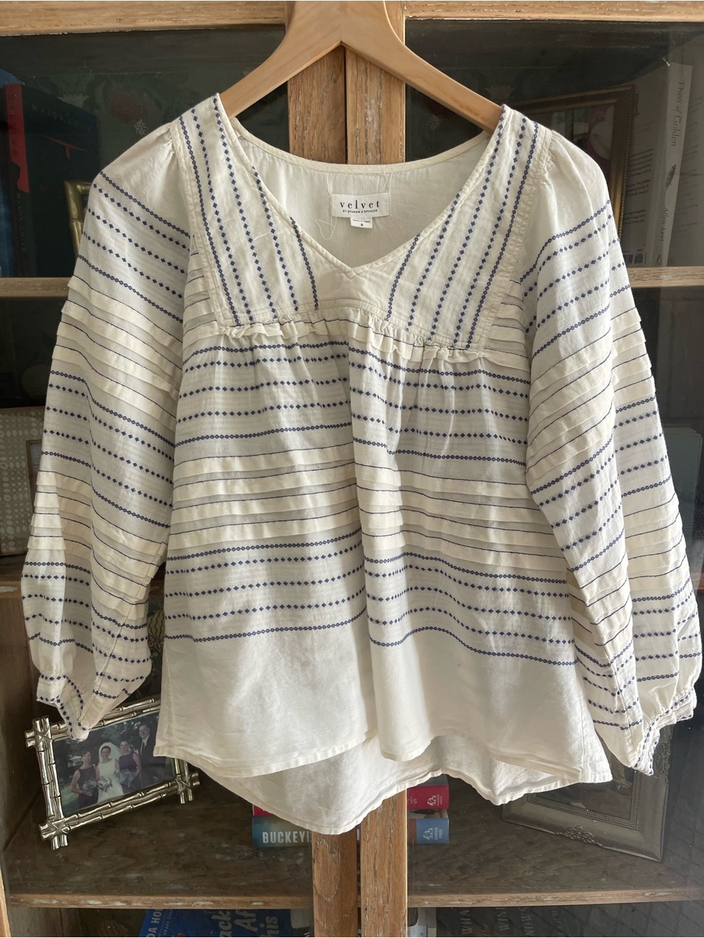 Velvet by Graham & Spencer Cream Blouse with Navy Embroidery